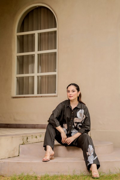 Cotton Co-ord Set for Women, Dark Grey Oversized Shirt Top with Pant, Floral Print, Button Front, 2 Piece Set