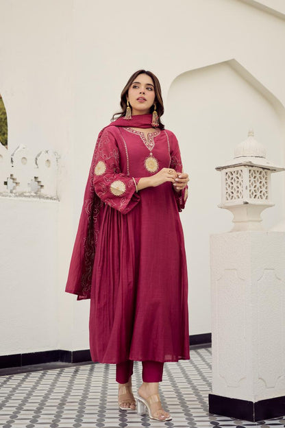 Mul Chanderi Embroidered Kurti Pant Dupatta Set for Women, V-Neck Straight Kurta with Matching Bottom and Dupatta