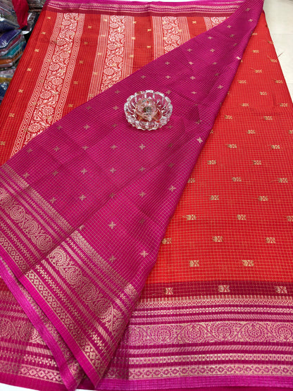 Munga pattu silk blend saree with small buti checks and zari border, women’s festive wear saree