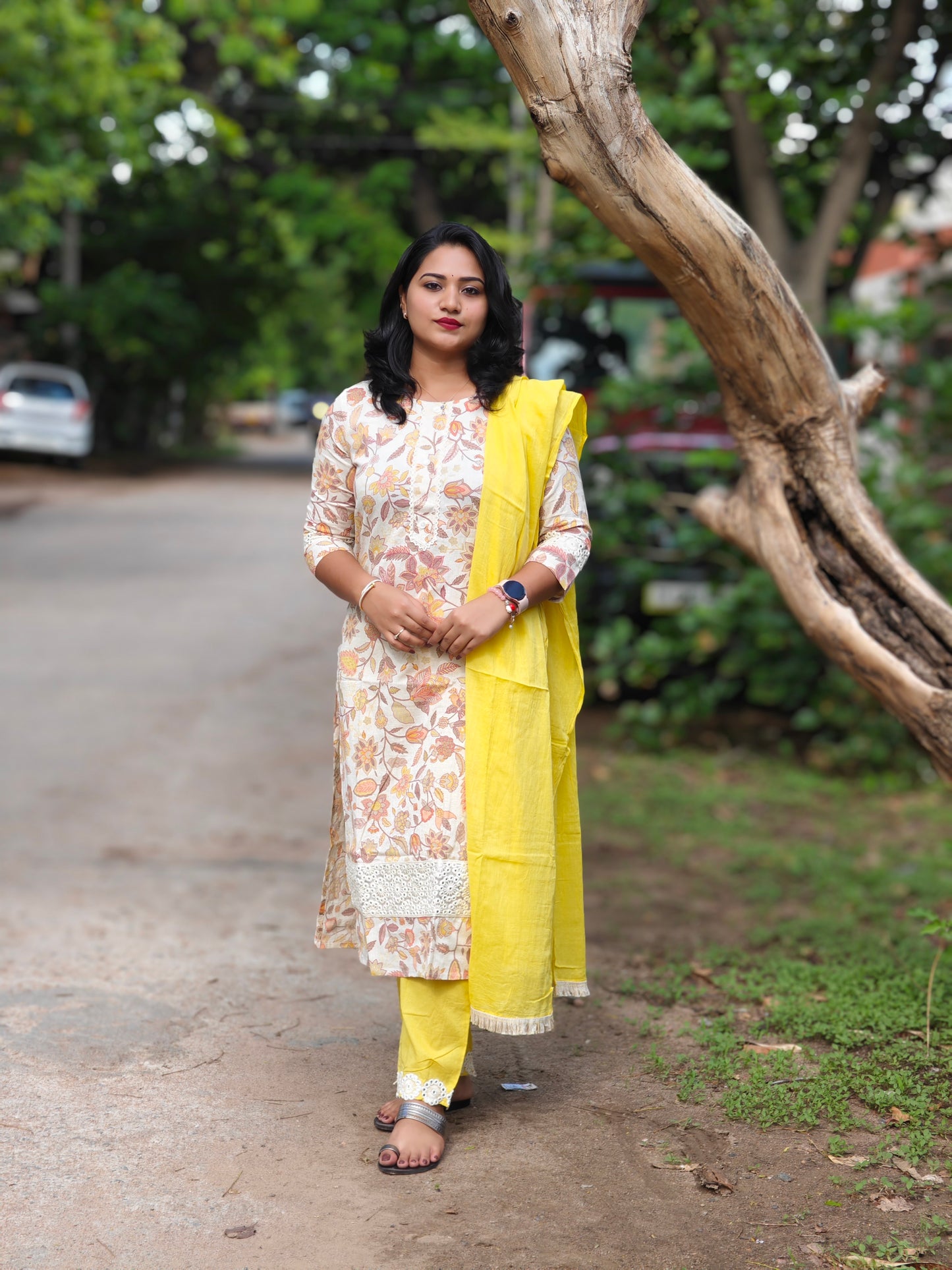 Handloom Cotton Hand Block Printed Kurta Pant Dupatta Suit Set with Organza Lace – Women’s Sizes 38 to 46