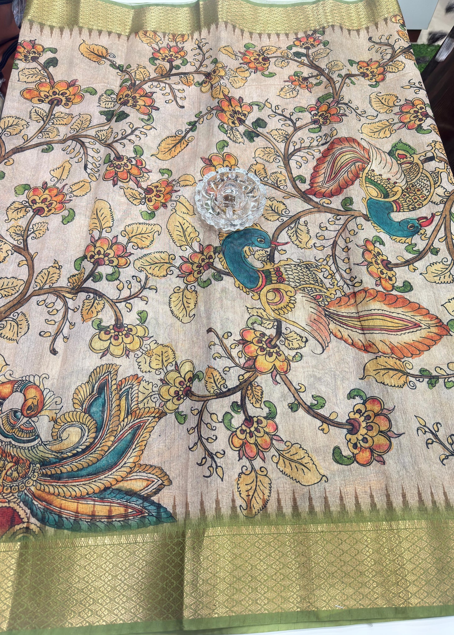 Pashmina Silk Kashmiri Printed Saree for Women Kalamkari Bird Floral Design with Zari Border Ethnic Saree