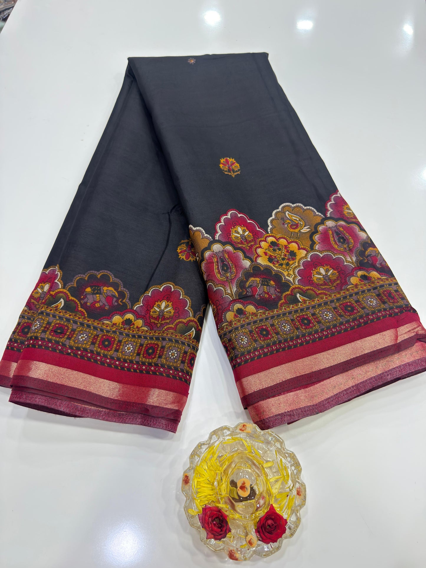 Kalamkari Printed Silk Blend Saree for Women with Artistic Border and Traditional Ethnic Design