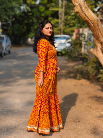 Women’s Cotton Floral Print Flared Maxi Dress with Embroidered Yoke – Sizes M to 2XL