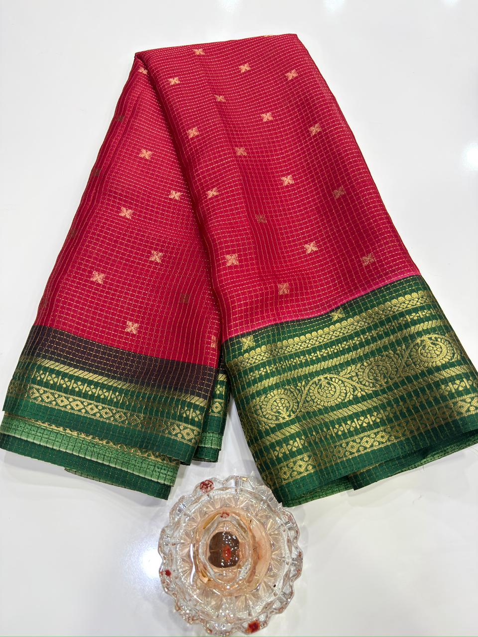 Munga pattu silk blend saree with small buti checks and zari border, women’s festive wear saree