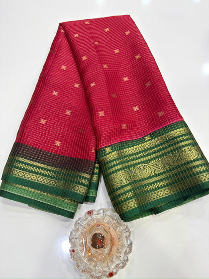 Munga pattu silk blend saree with small buti checks and zari border, women’s festive wear saree
