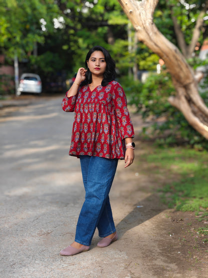 Maroon Cotton Floral Block Print Flared Top for Women – Sizes S to 3XL