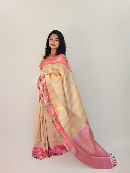 Soft Silk Saree with Pichwai Lotus Print Contrast Border, Rich Zari Pallu, and Blouse Piece