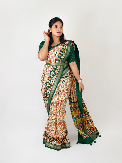 Patola Sigma Silk Saree with Aqwa Finish and Gold Print Waist Belt for Women