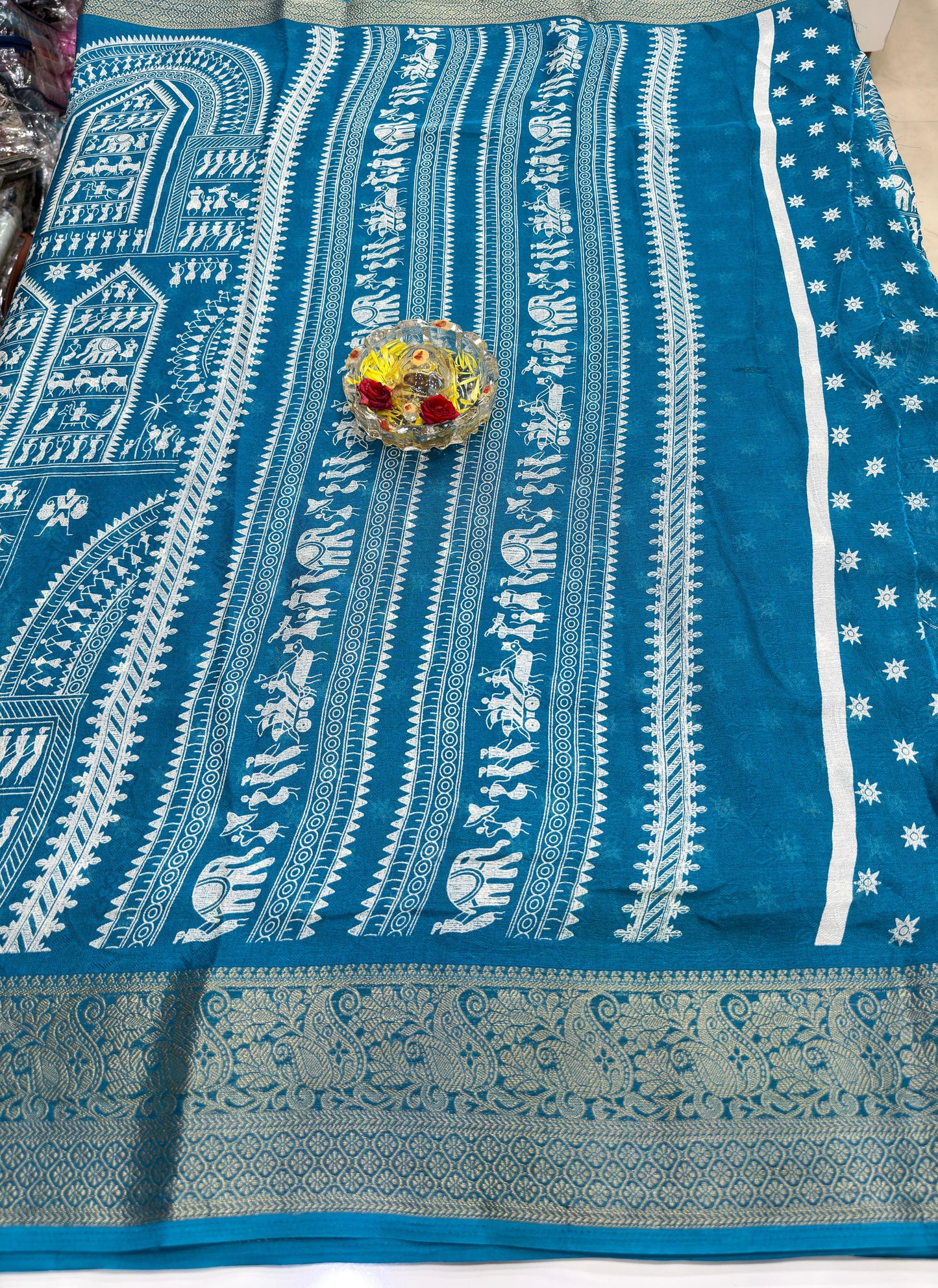 Silk Blend Saree for Women with Temple and Folk Motif Border Traditional Design