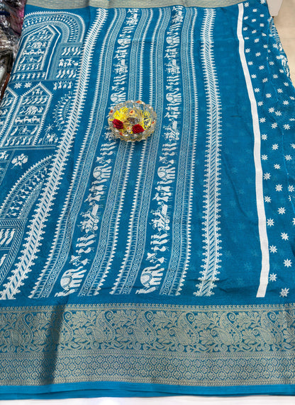 Silk Blend Saree for Women with Temple and Folk Motif Border Traditional Design