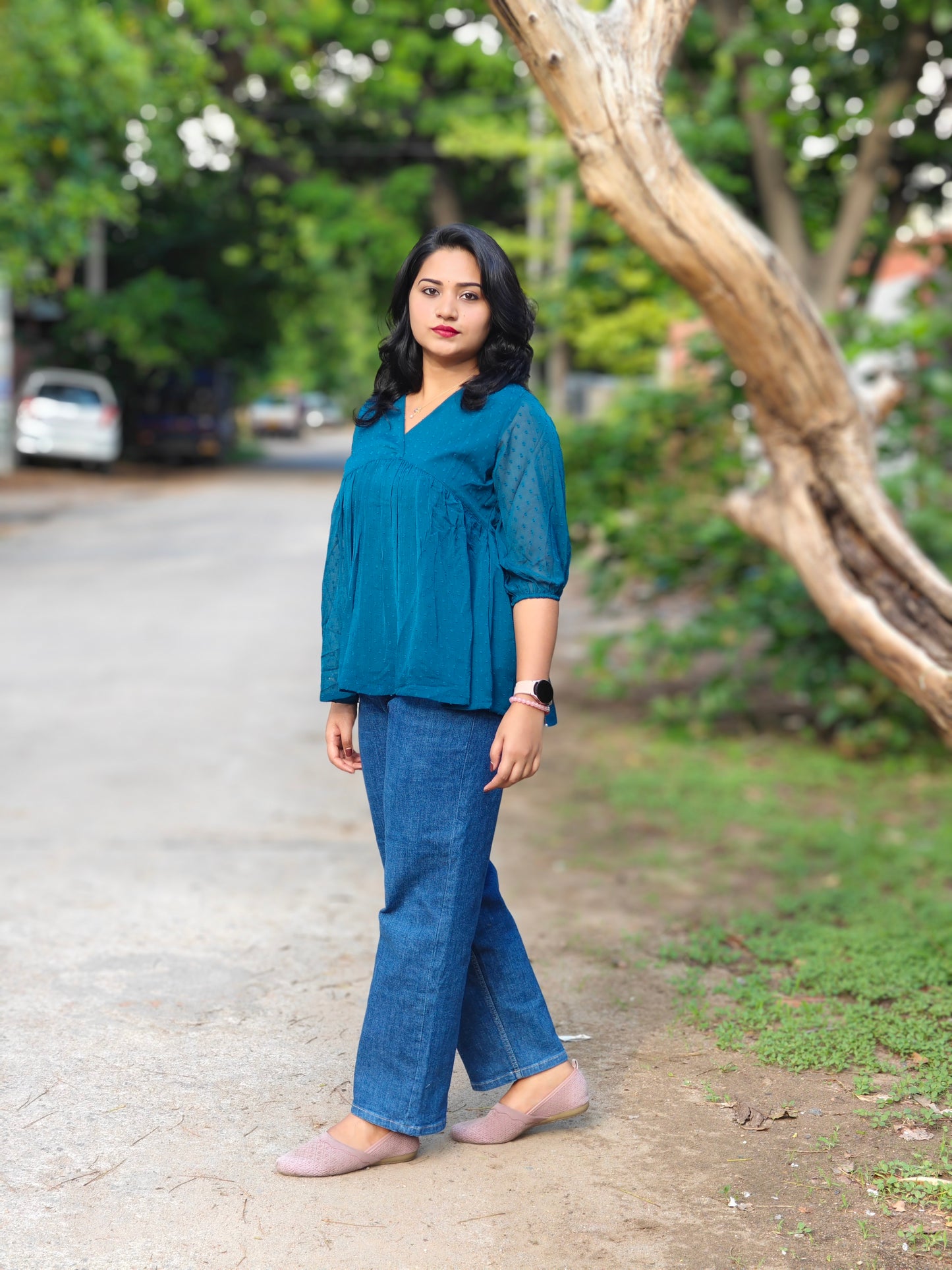 Teal Blue Dobby Chiffon Solid Empire Top for Women – Sizes S to 2XL