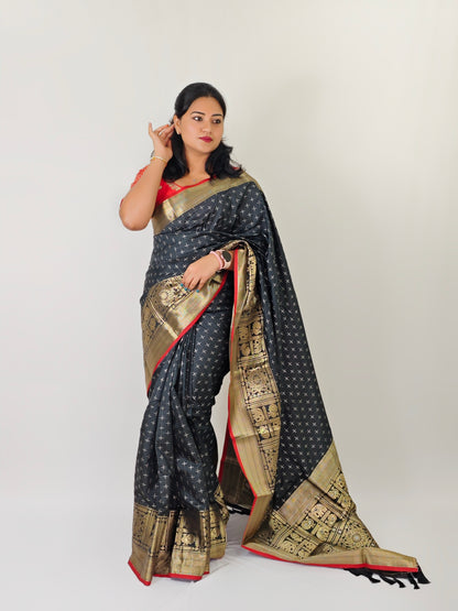 Soft Silk Saree with Rich gold Zari border and plus mark pattern elephant and peacock motifs