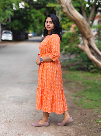 Orange Cotton Woven Design Tiered Western Dress for Women – Sizes S to 3XL