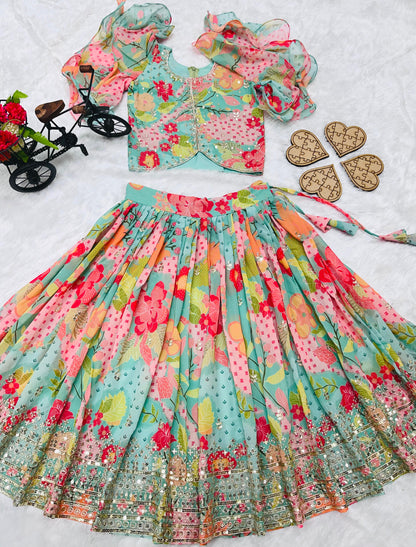 Girls’ Heavy Fox Georgette Lehenga Choli with Digital Print and Sequins Embroidery – Stitched Kids Ethnic Wear