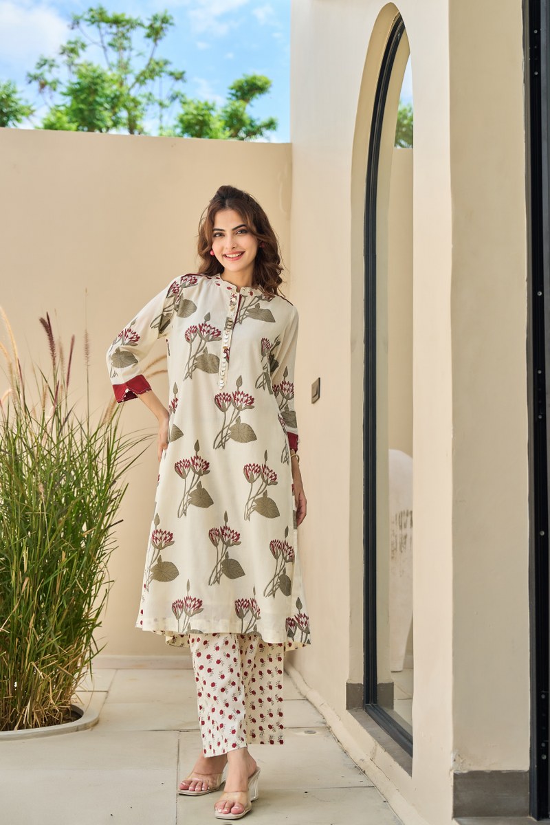 Cotton Kurti Pant Set for Women, Floral Printed Kurta with Straight Pants, M to XXL