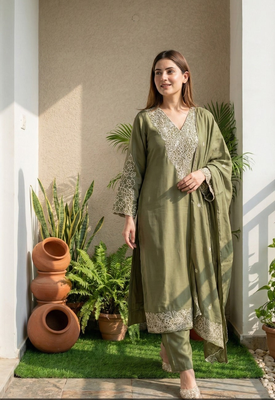 Embroidered Roman Silk Kurta Pant Dupatta Set for Women with Lining, Olive Green Straight Ethnic Suit Set