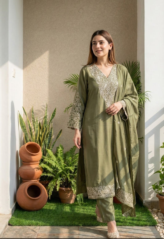 Embroidered Roman Silk Kurta Pant Dupatta Set for Women with Lining, Olive Green Straight Ethnic Suit Set