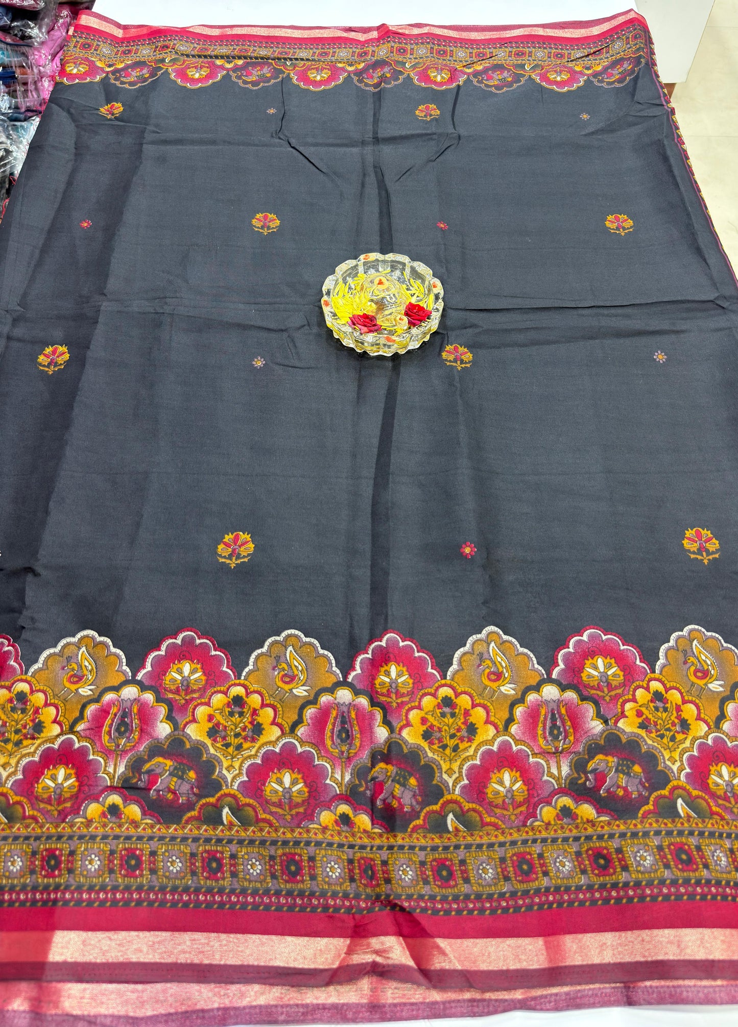 Kalamkari Printed Silk Blend Saree for Women with Artistic Border and Traditional Ethnic Design