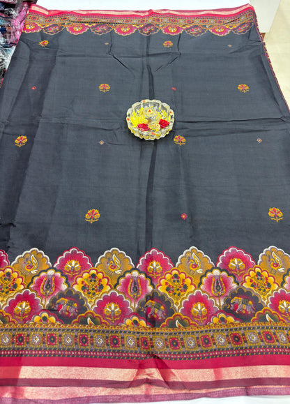 Kalamkari Printed Silk Blend Saree for Women with Artistic Border and Traditional Ethnic Design