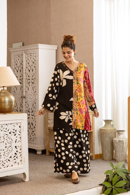 German rayon kurta palazzo set for women with printed detailing work