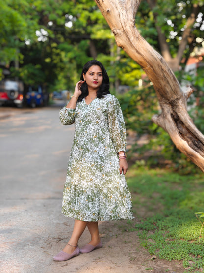 Olive Green Georgette Floral Printed A-Line Midi Dress for Women – Sizes S to XL