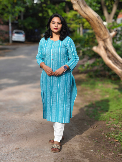 Blue Cotton Striped Straight Kurta for Women with Button Placket – S to 3XL