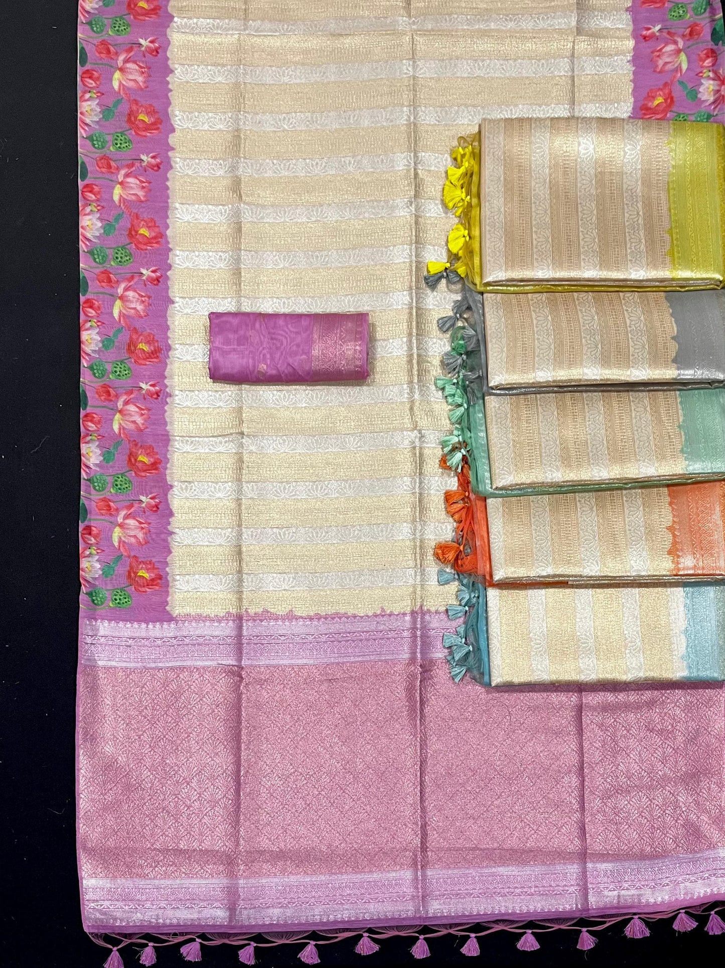 Soft Silk Saree with Pichwai Lotus Print Contrast Border, Rich Zari Pallu, and Blouse Piece