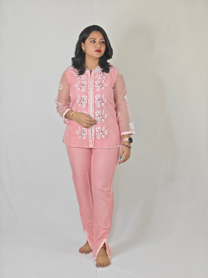 White Thread Embroidered Organza Kurta with Rayon Pant Set for Women