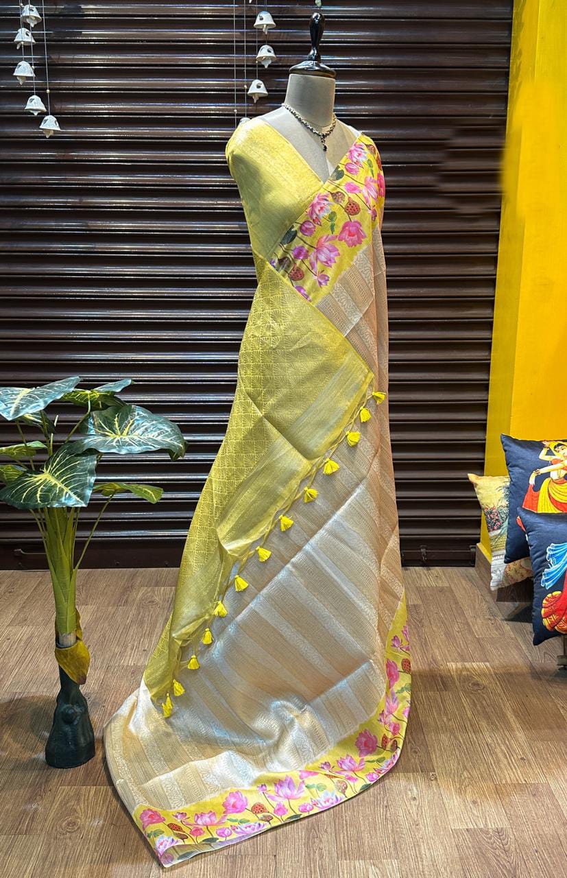 Soft Silk Saree with Pichwai Lotus Print Contrast Border, Rich Zari Pallu, and Blouse Piece