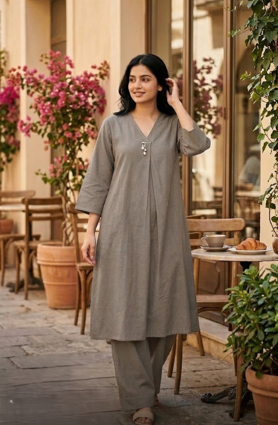 Cotton Kurta Pant Set for Women with V-Neck Long Kurta and Straight Pant Co-Ord Set
