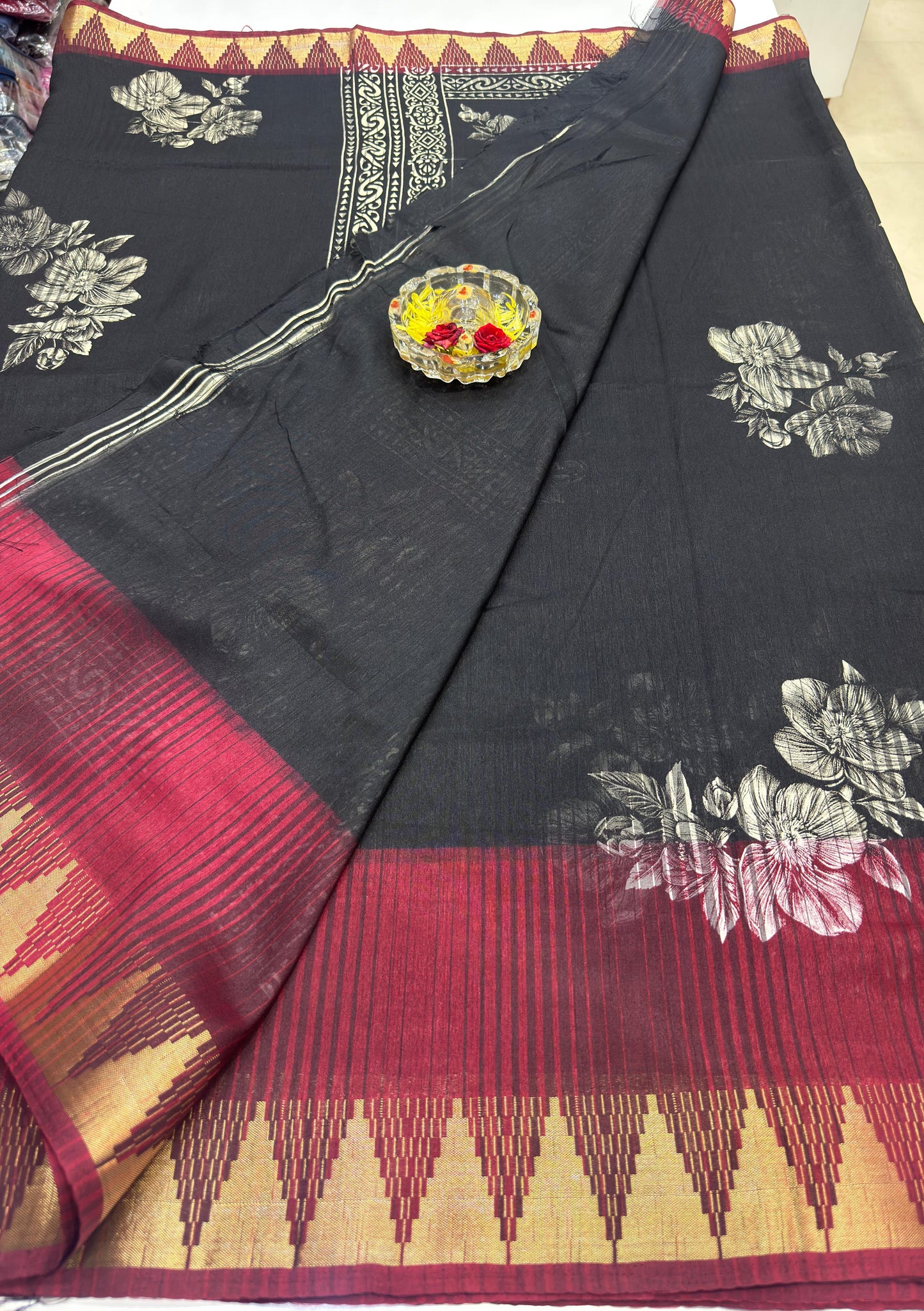 Printed Silk Blend Saree for Women with Temple Border and Traditional Ethnic Design