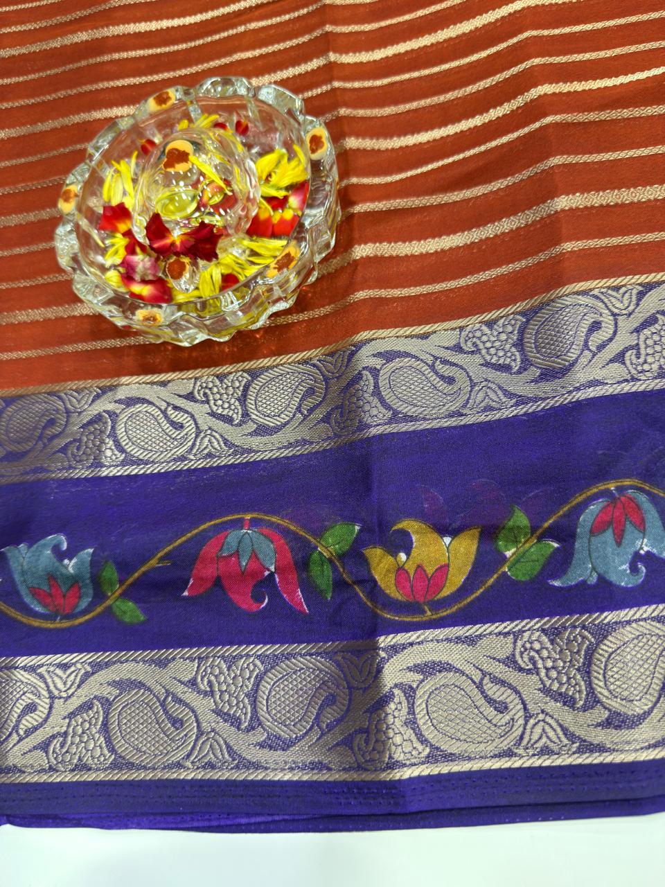 Munga Crape Silk Saree for Women with Contrast Woven Border and Traditional Stripe Design