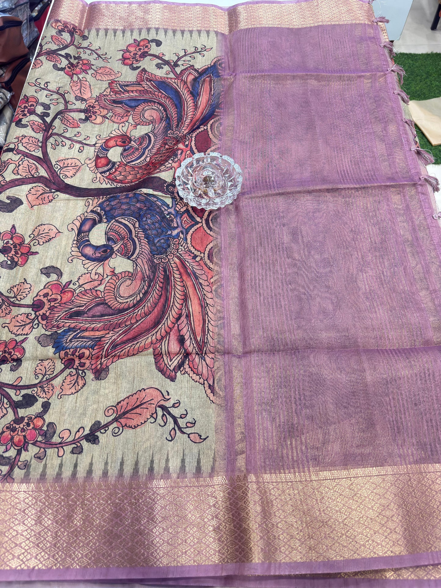 Pashmina Silk Kashmiri Printed Saree for Women Kalamkari Bird Floral Design with Zari Border Ethnic Saree