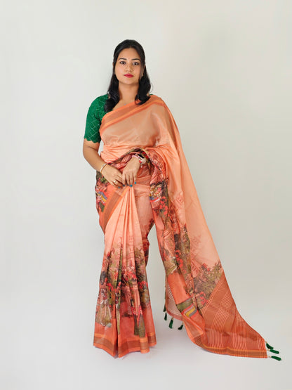 Semi Tussar Silk Saree with Kalamkari Print, Zari Weaving Border, and Contrast Blouse