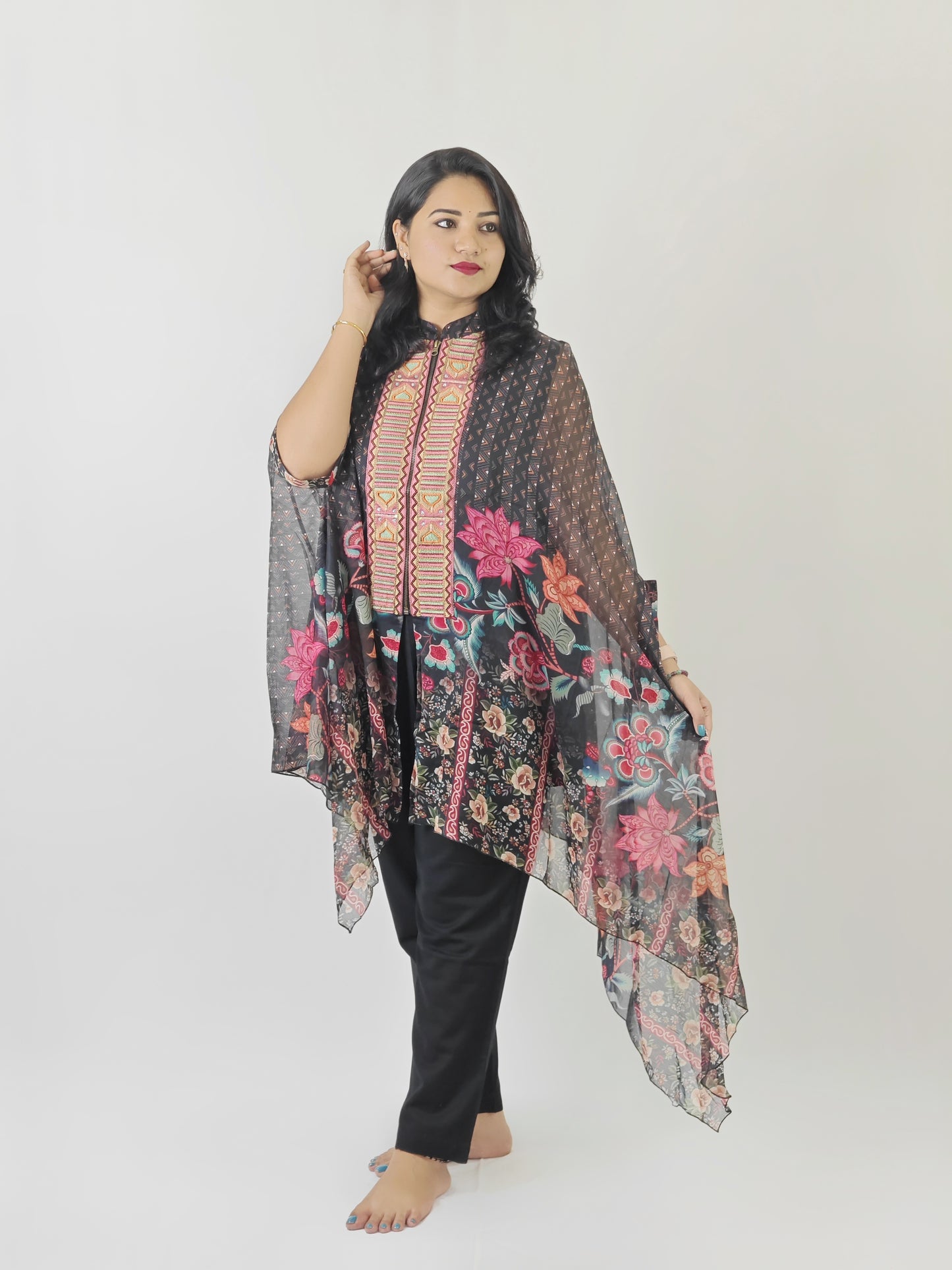 Cape-style printed chiffon top with cotton inner and linen cotton bottom – embroidered women’s festive co-ord set