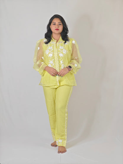 White Thread Embroidered Organza Kurta with Rayon Pant Set for Women