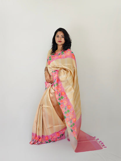 Soft Silk Saree with Pichwai Lotus Print Contrast Border, Rich Zari Pallu, and Blouse Piece