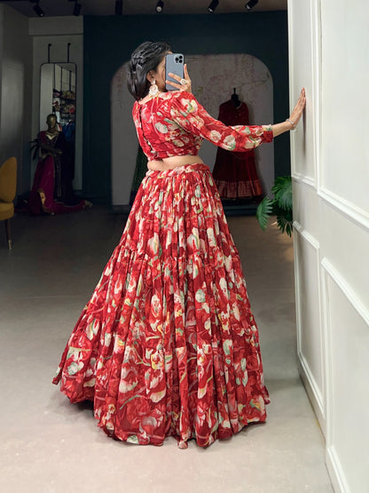 Georgette Chex Floral Print Co-ord Set with Lehenga and Blouse for Women – Stitched