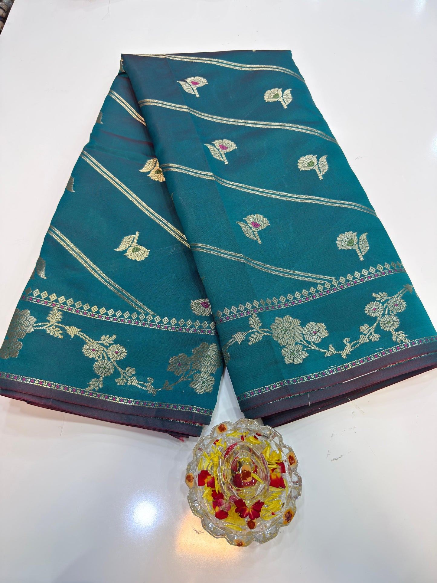 Banarasi Semi Katan Silk Saree for Women with Gold Zari Weaving, Meenakari Border and Blouse Piece