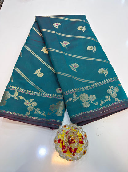 Banarasi Semi Katan Silk Saree for Women with Gold Zari Weaving, Meenakari Border and Blouse Piece