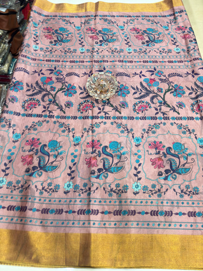 Soft Tussar Silk Printed Saree with Contrast Border, Tassels and Blouse for Women