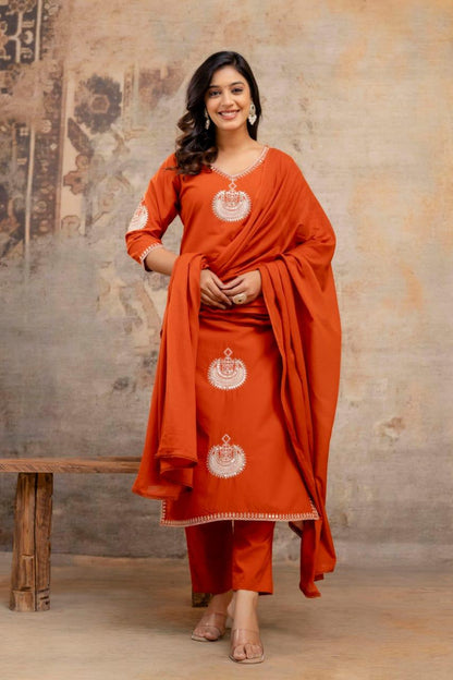 Women’s cotton 60x60 kurta pant dupatta set rust orange, motif detailing, v neck, sizes M-3XL