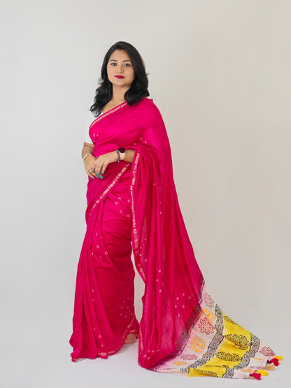 Chanderi Cotton Saree with Hand-Tied Bandhani and Block Printed Pallu – Festive Wear for Women