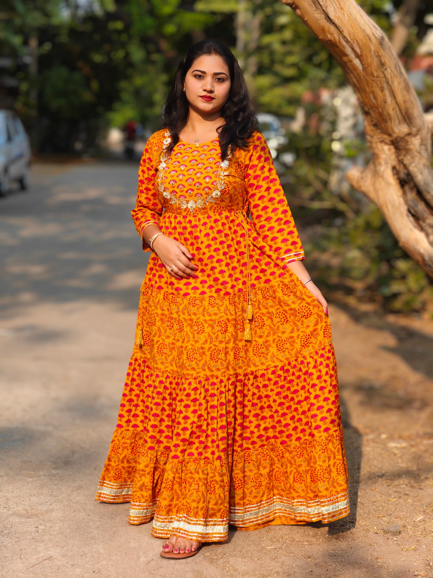 Women’s Cotton Floral Print Flared Maxi Dress with Embroidered Yoke – Sizes M to 2XL