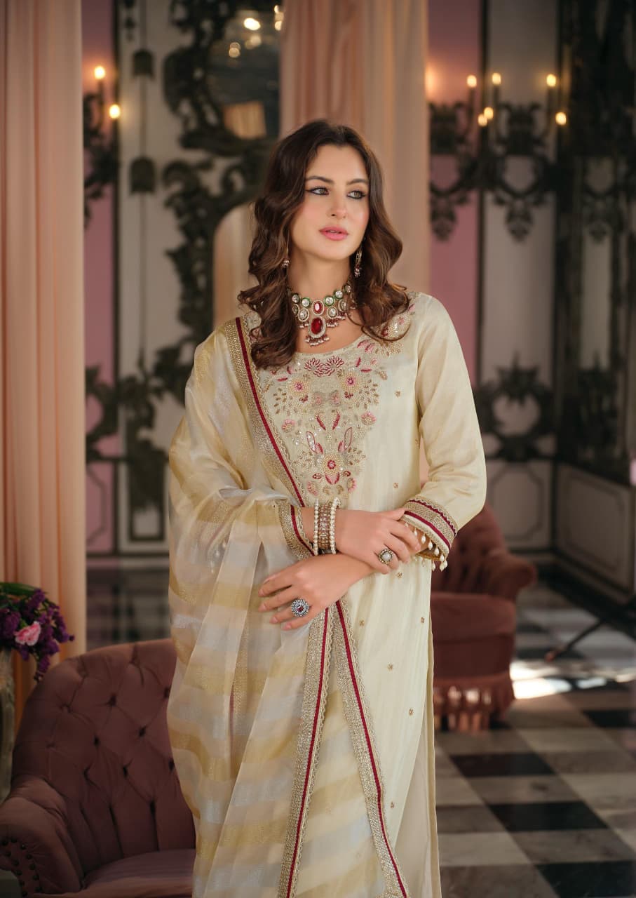 Tissue Shimmer Kurta Palazzo Dupatta Set for Women with Detailing Work, Festive Wear Ethnic Set