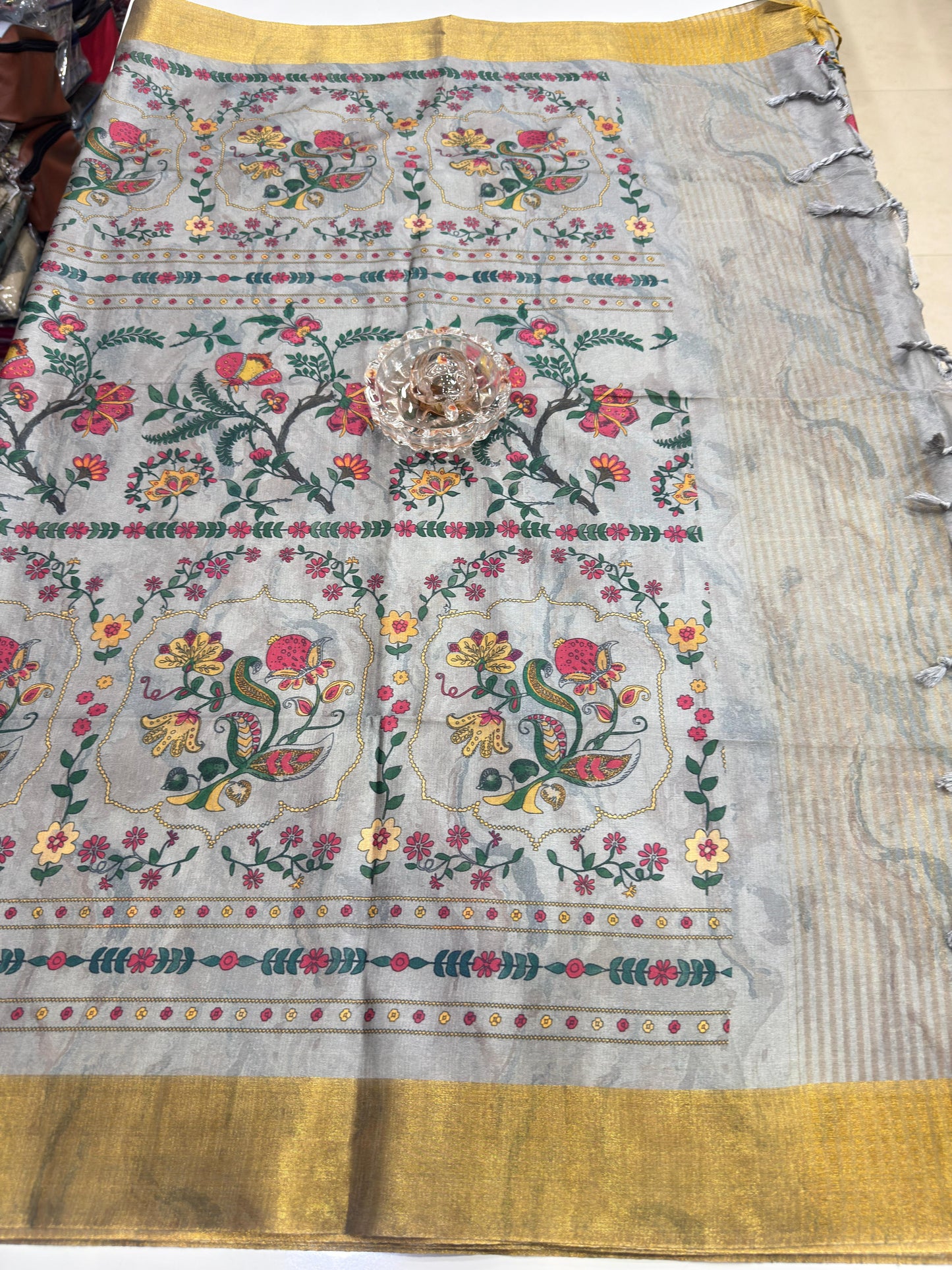 Soft Tussar Silk Printed Saree with Contrast Border, Tassels and Blouse for Women