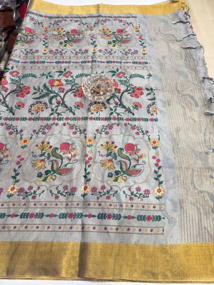 Soft Tussar Silk Printed Saree with Contrast Border, Tassels and Blouse for Women