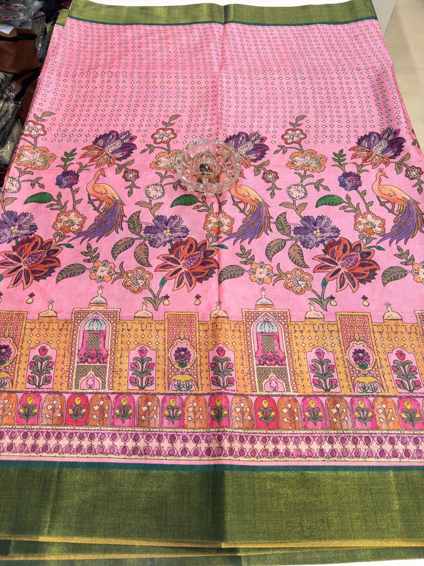 Soft Tussar Silk Printed Saree with Contrast Border, Tassels and Blouse for Women