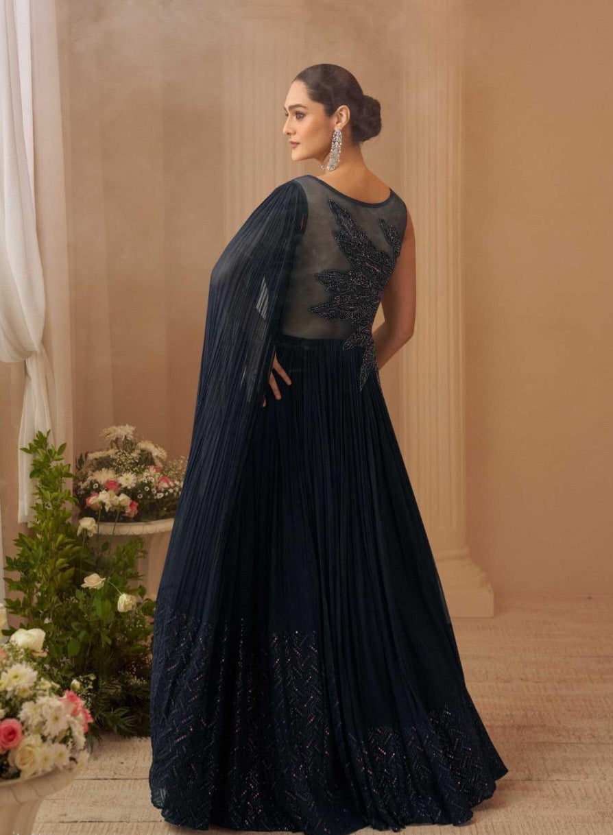Navy blue real chinon hand-embroidered gown with cancan for wedding & reception