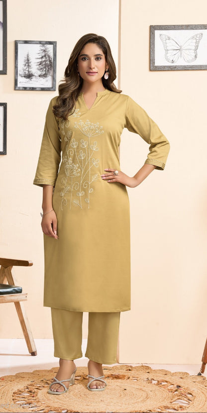 Satin lycra co-ord set for women with embroidered top and straight pants